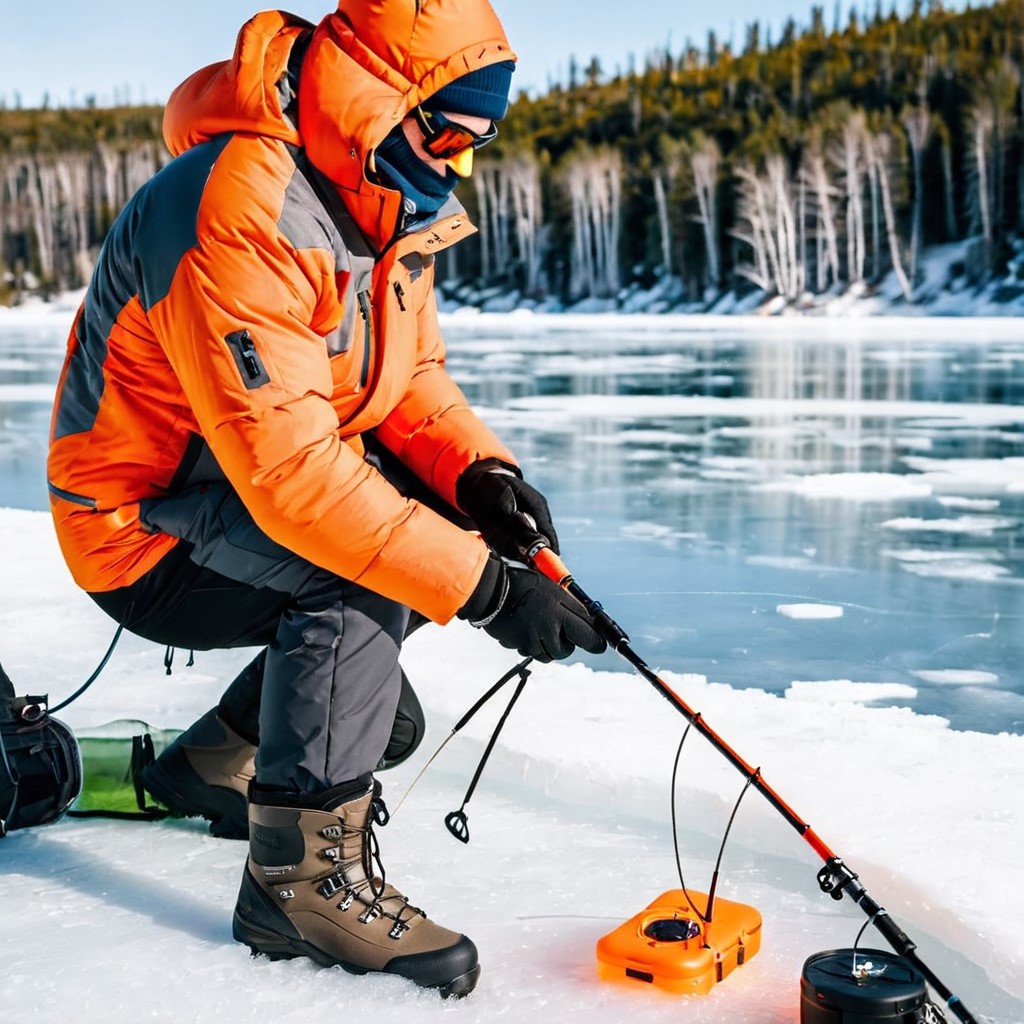 A man ice fishing wearing a battery heated jacket