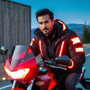 A man on motor cycle wearing a heated jacket