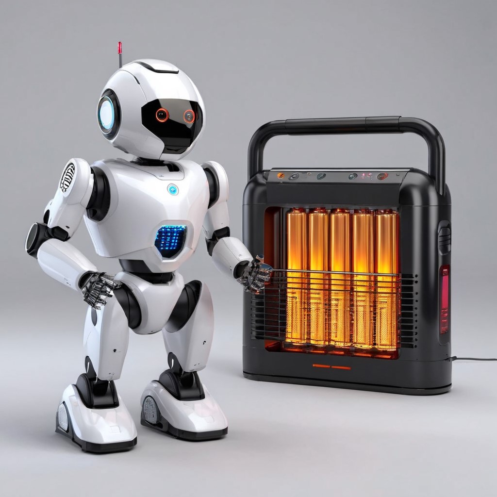 a robot holding a battery operated heater