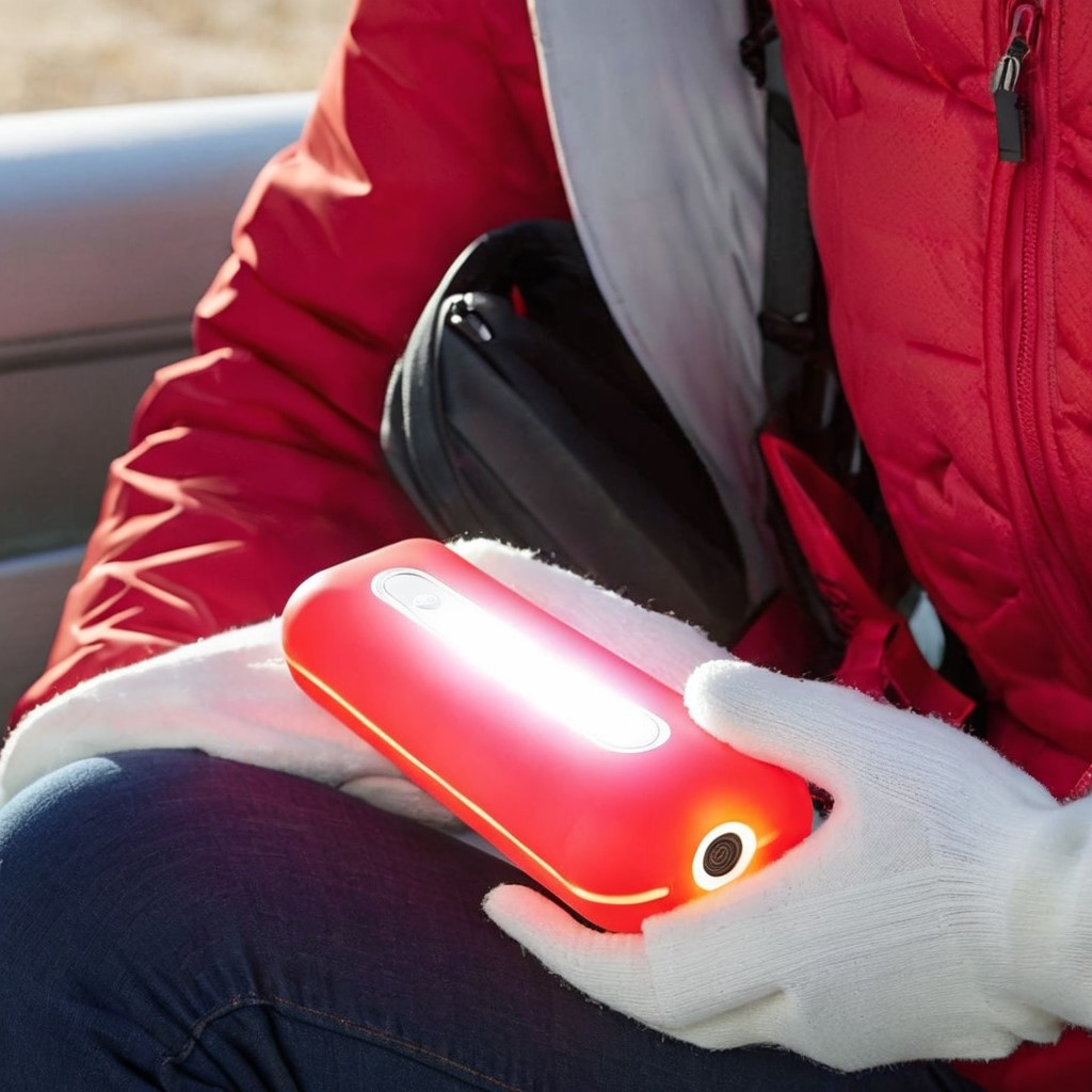 woman in red holding battery operated hand warmer