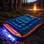 blue heated sleeping bag on ground by camp fire
