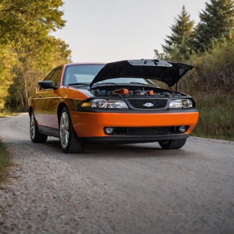 Jumping a battery orange car with hood open