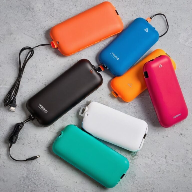 personal battery operated heaters sitting on the ground, multiple colors