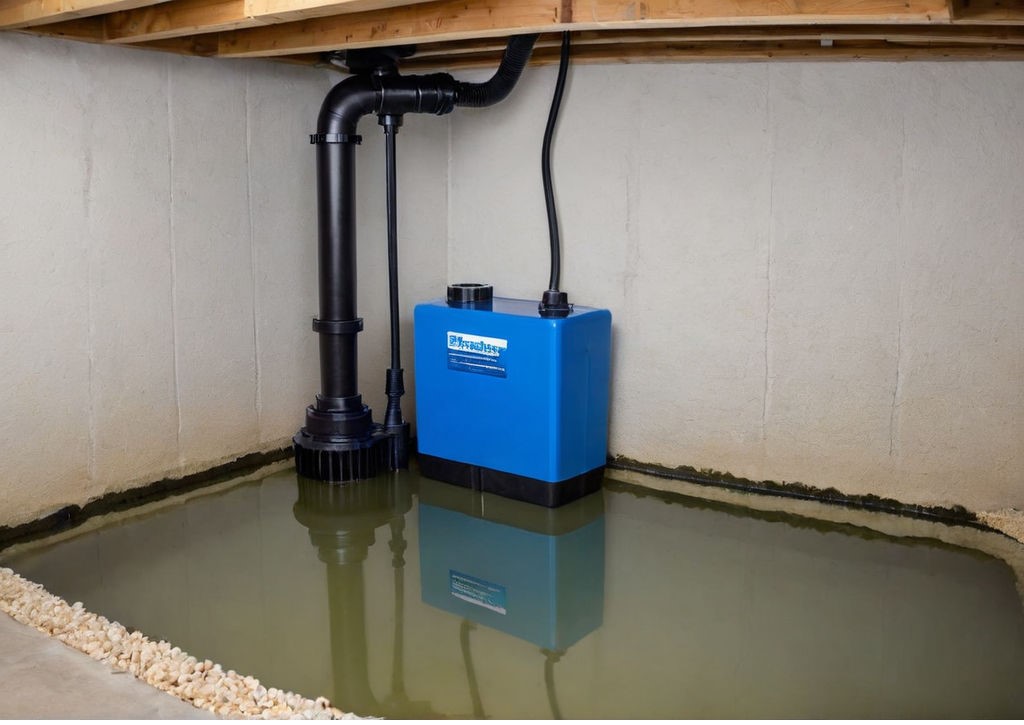 Blue Battery Powered Sump Pump in Basement During Flooding